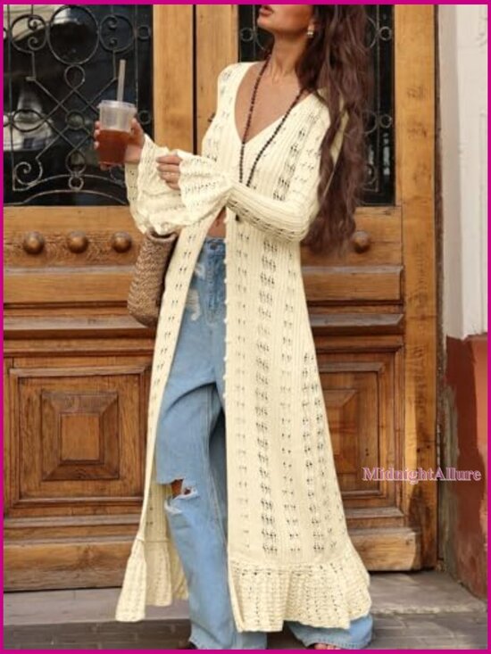 Long Crochet Cardigan Duster Button Up Bell Sleeve Boho Cover Up - Picture 3 of 7